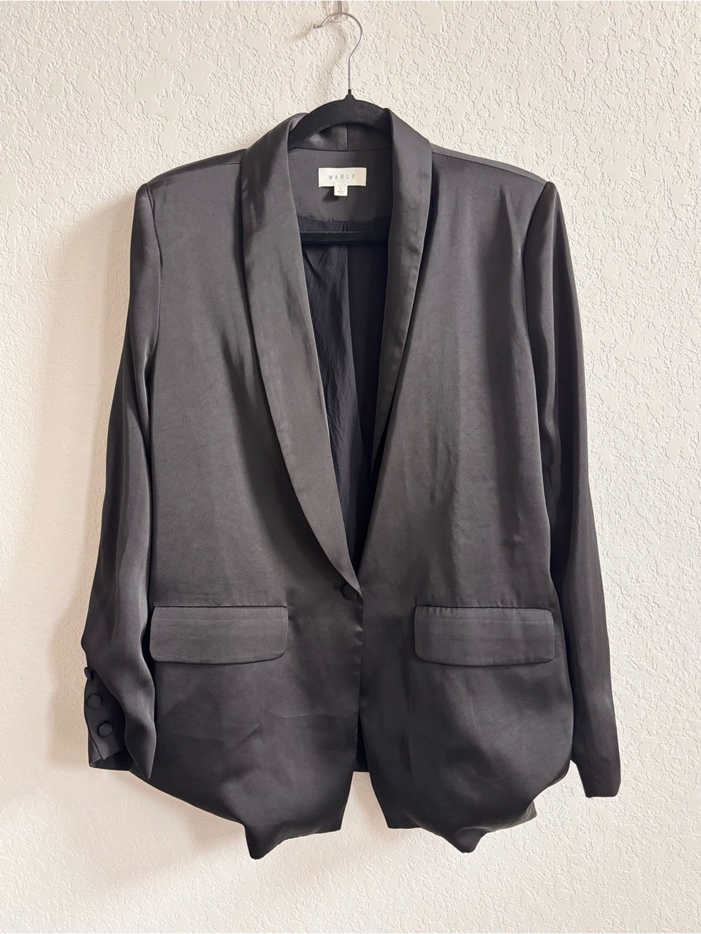 MABLE Black Satin Tuxedo Blazer Shoulder Pads Size L